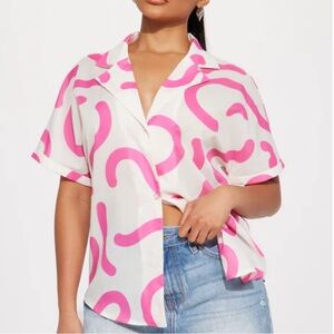 Fashion Nova White Button Down with Pink Swirl